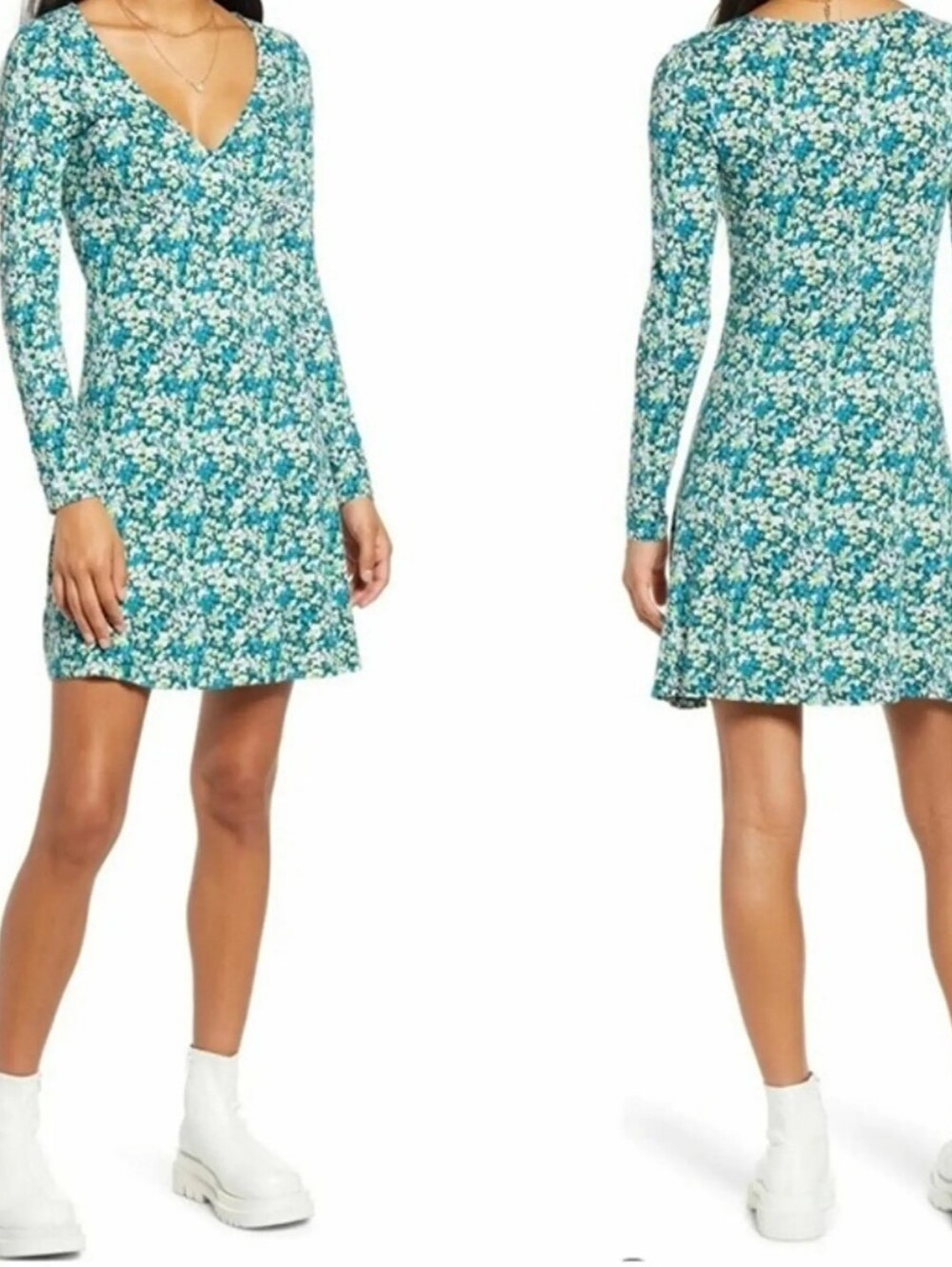 NWOT! Fall Floral Fit and Flare Women's Long Sleeve Boho Cozy Knit Mini Dress XS